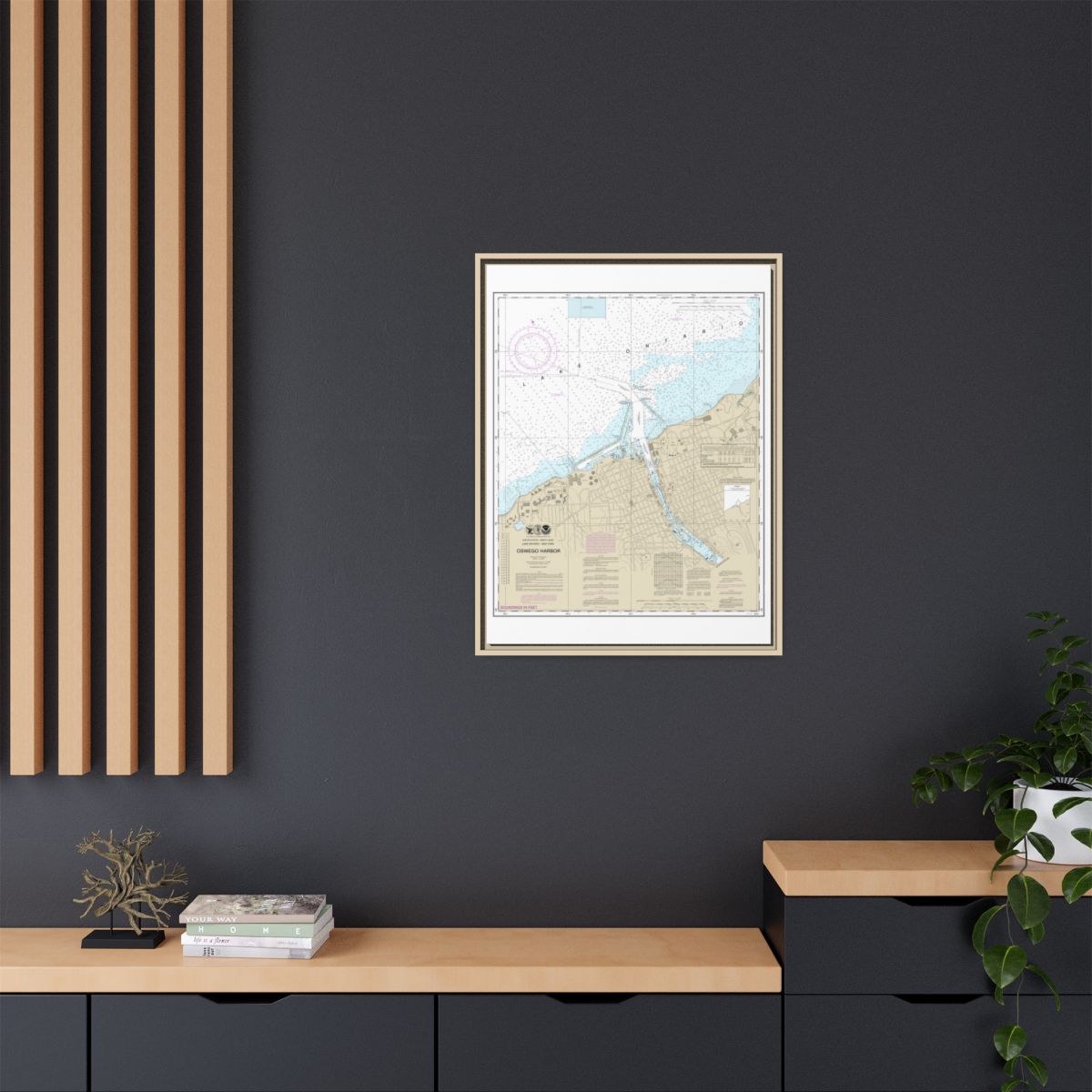 Chart 14813 Oswego Harbor - NOAA Nautical Chart Floating Frame Canvas | 24" x 32" | 30" x 40" - Natural context-2