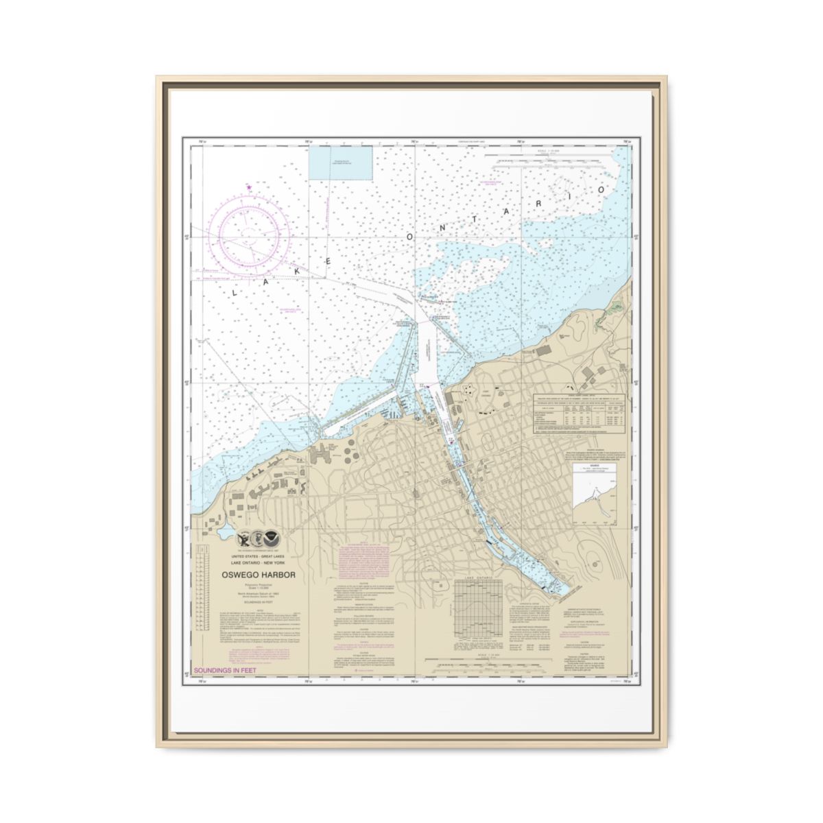 Chart 14813 Oswego Harbor - NOAA Nautical Chart Floating Frame Canvas | 24" x 32" | 30" x 40" - Natural front