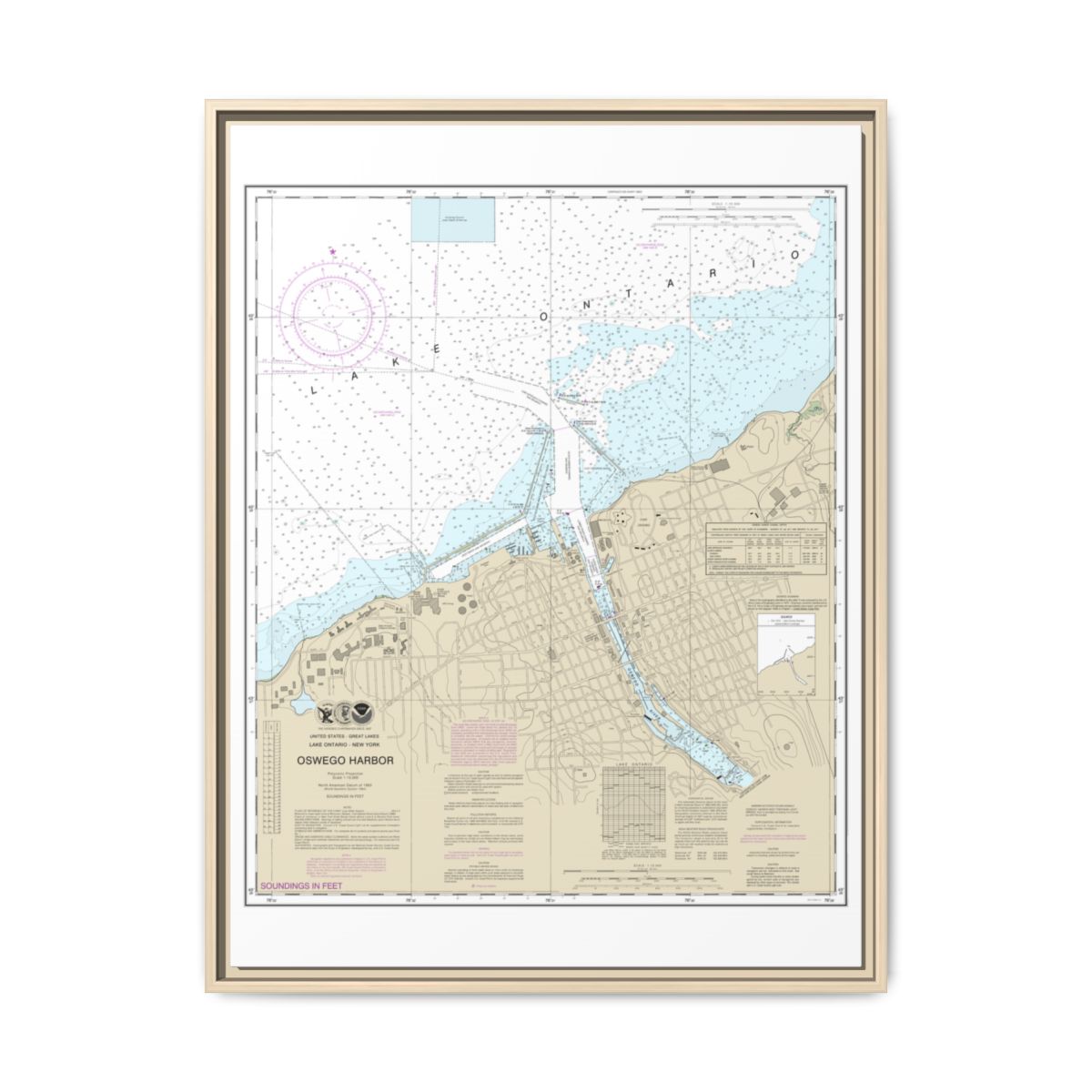 Chart 14813 Oswego Harbor - NOAA Nautical Chart Floating Frame Canvas | 24" x 32" | 30" x 40" - Natural front