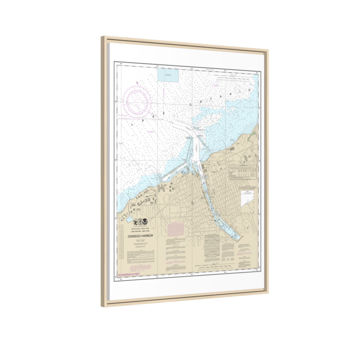 Chart 14813 Oswego Harbor - NOAA Nautical Chart Floating Frame Canvas | 24" x 32" | 30" x 40" - Natural side