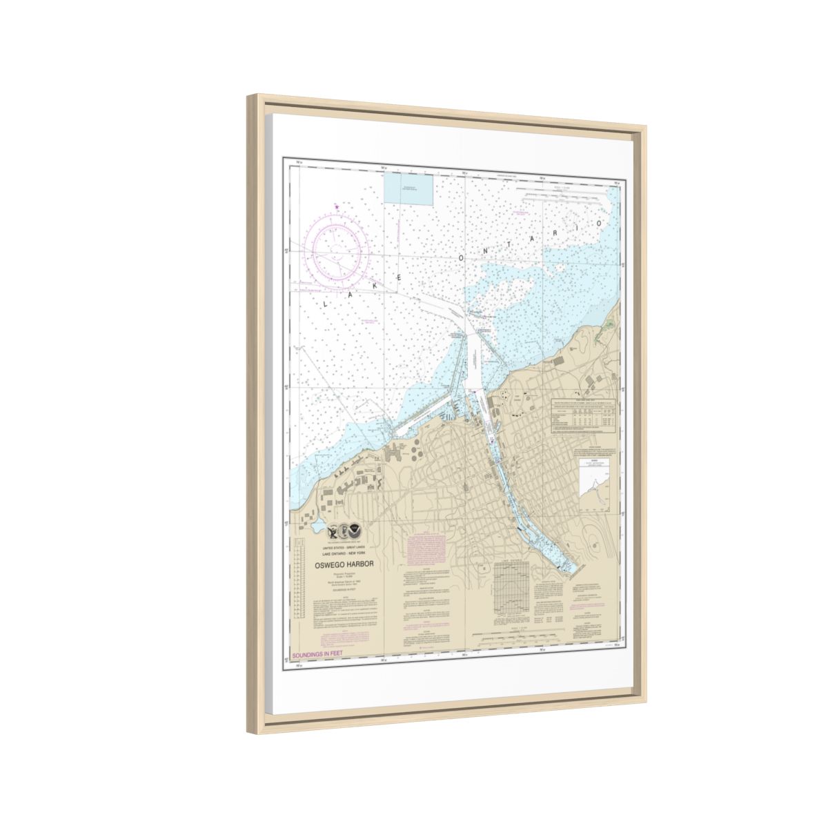 Chart 14813 Oswego Harbor - NOAA Nautical Chart Floating Frame Canvas | 24" x 32" | 30" x 40" - Natural side