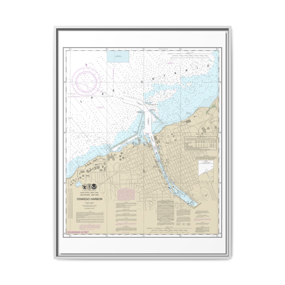 Chart 14813 Oswego Harbor - NOAA Nautical Chart Floating Frame Canvas | 24" x 32" | 30" x 40" - White front