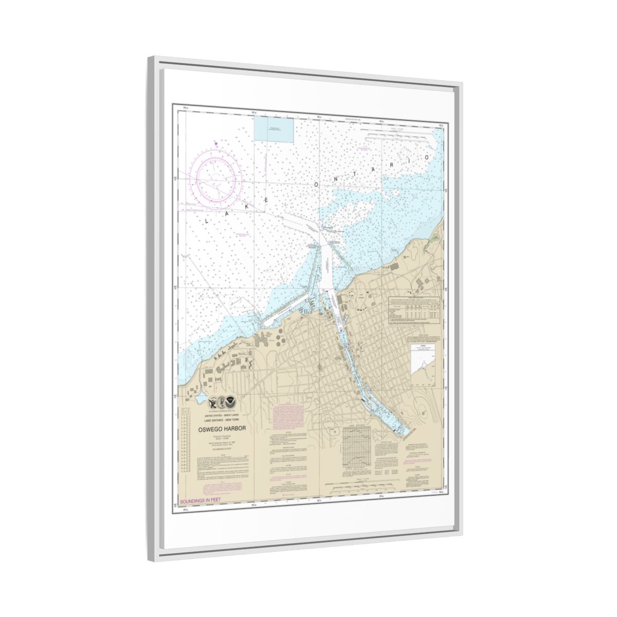 Chart 14813 Oswego Harbor - NOAA Nautical Chart Floating Frame Canvas | 24" x 32" | 30" x 40" - White side