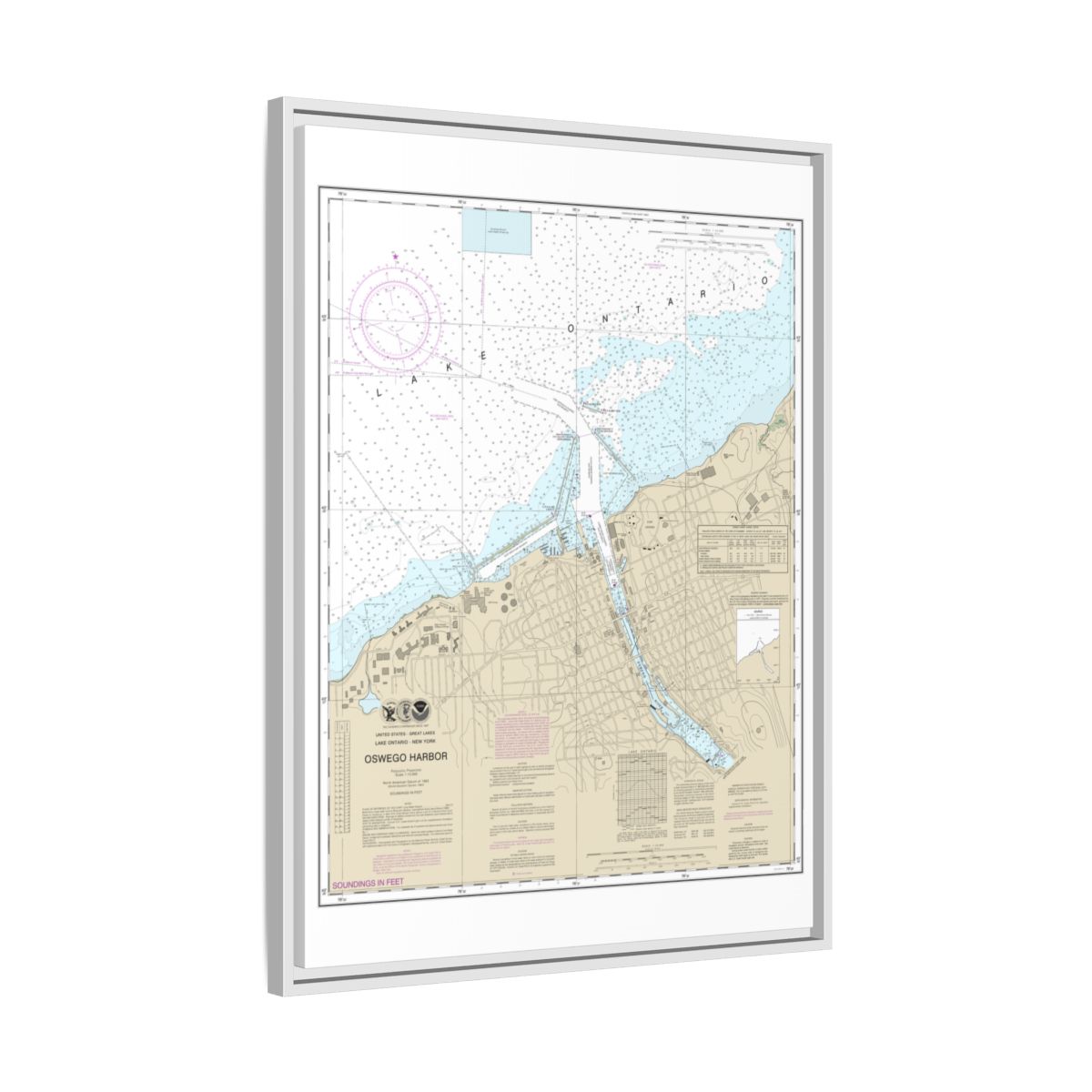 Chart 14813 Oswego Harbor - NOAA Nautical Chart Floating Frame Canvas | 24" x 32" | 30" x 40" - White side