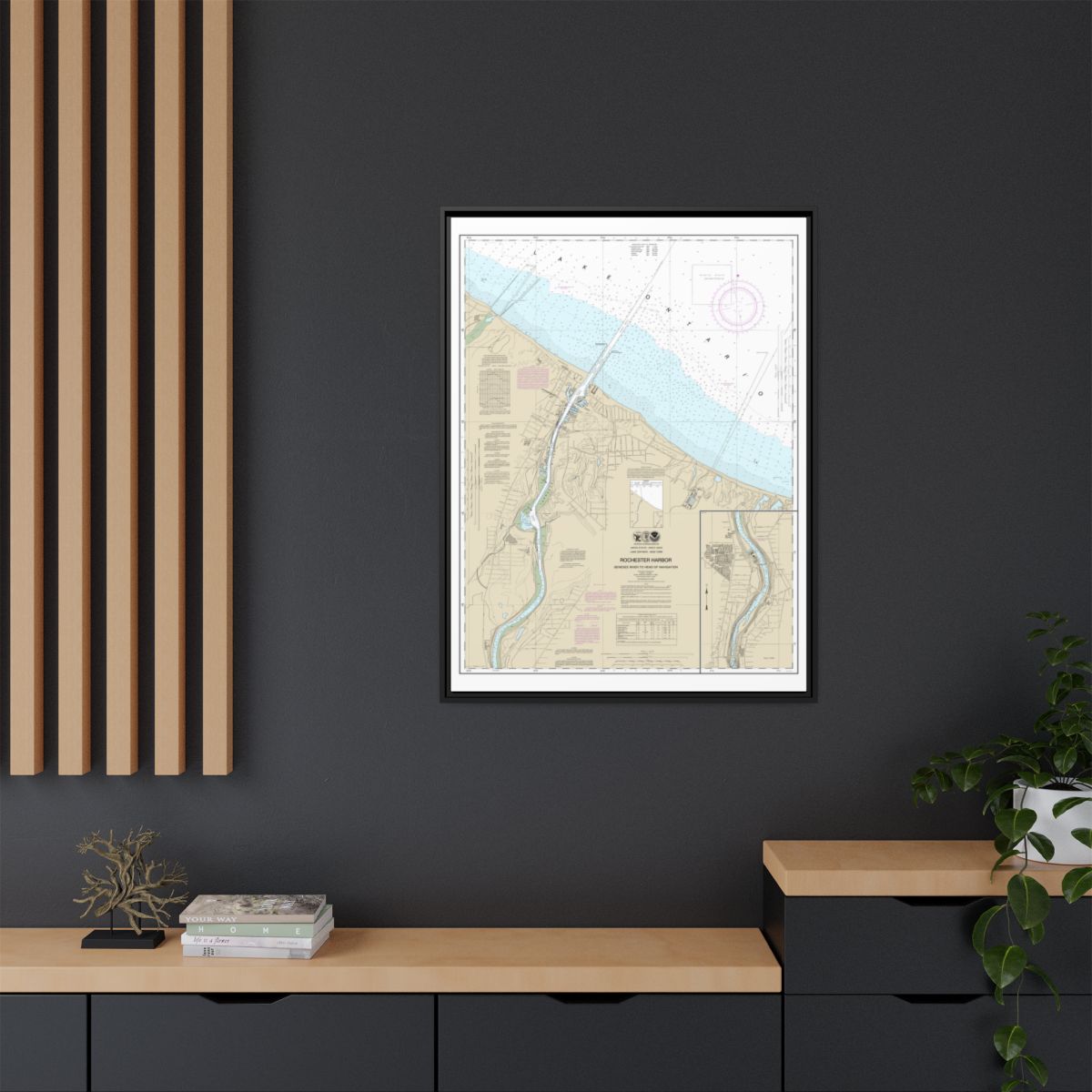 Chart 14815 Rochester Harbor, including Genessee River to head of navigation - NOAA Nautical Chart Floating Frame Canvas | 24" x 32" | 30" x 40" - Black context-2