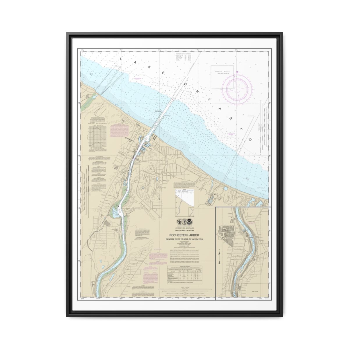 Chart 14815 Rochester Harbor, including Genessee River to head of navigation - NOAA Nautical Chart Floating Frame Canvas | 24" x 32" | 30" x 40" - Black front