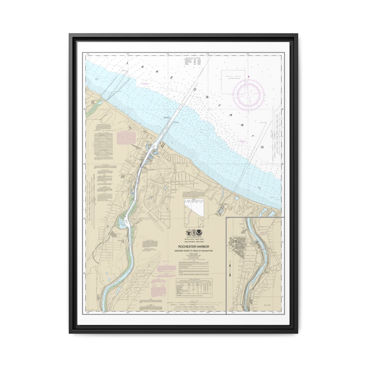 Chart 14815 Rochester Harbor, including Genessee River to head of navigation - NOAA Nautical Chart Floating Frame Canvas | 24" x 32" | 30" x 40" - Black front