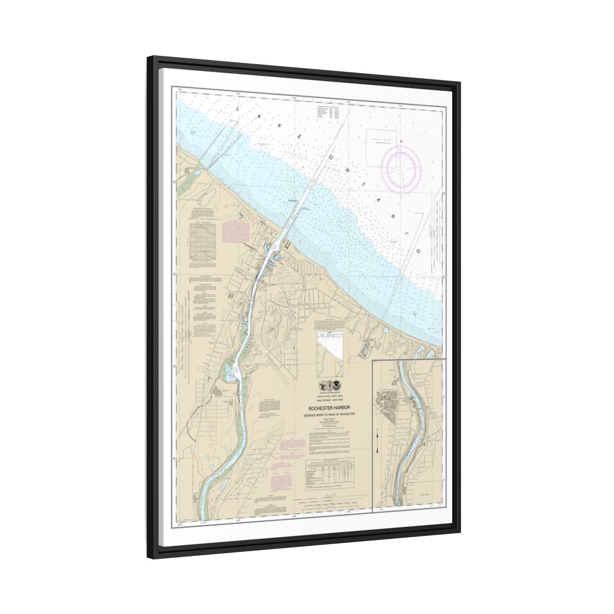 Chart 14815 Rochester Harbor, including Genessee River to head of navigation - NOAA Nautical Chart Floating Frame Canvas | 24" x 32" | 30" x 40" - Black side