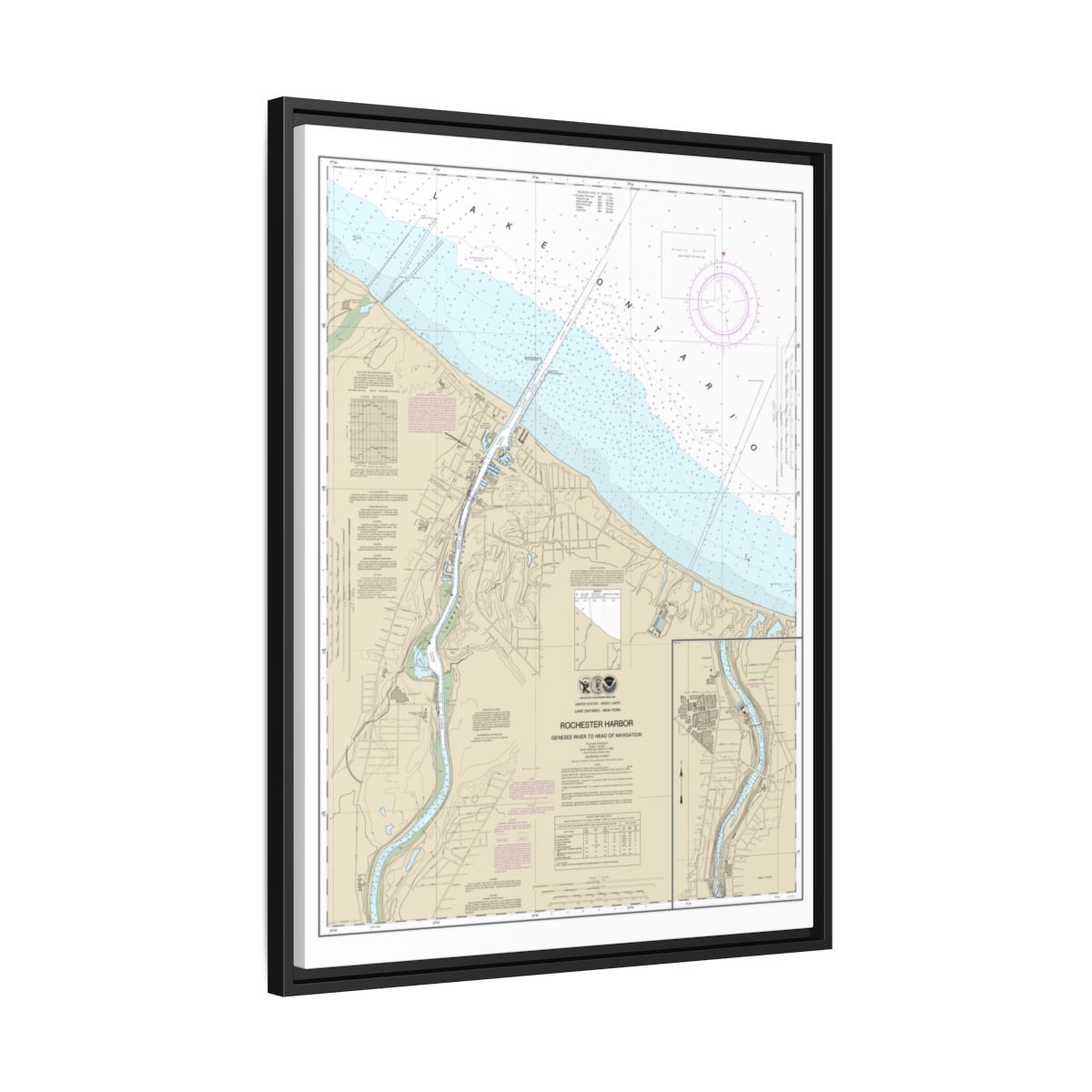 Chart 14815 Rochester Harbor, including Genessee River to head of navigation - NOAA Nautical Chart Floating Frame Canvas | 24" x 32" | 30" x 40" - Black side