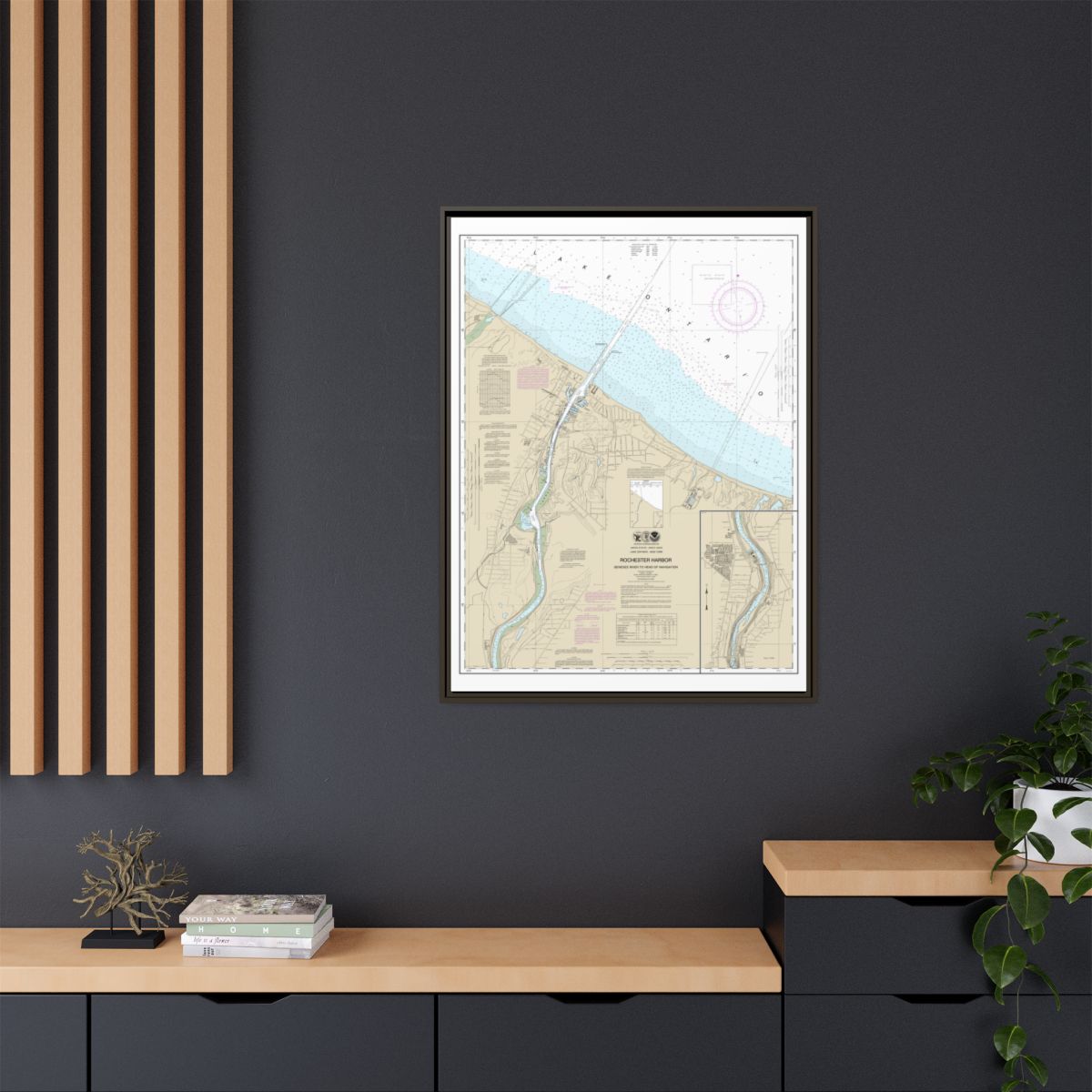 Chart 14815 Rochester Harbor, including Genessee River to head of navigation - NOAA Nautical Chart Floating Frame Canvas | 24" x 32" | 30" x 40" - Espresso context-2
