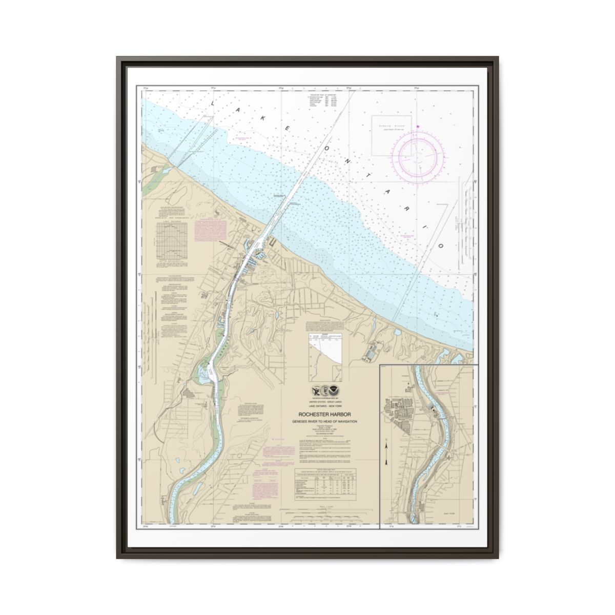 Chart 14815 Rochester Harbor, including Genessee River to head of navigation - NOAA Nautical Chart Floating Frame Canvas | 24" x 32" | 30" x 40" - Espresso front