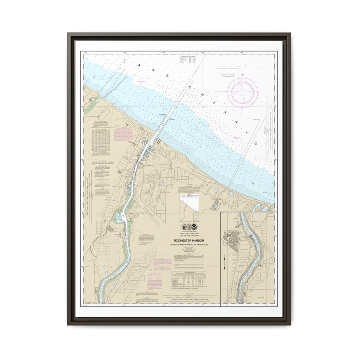 Chart 14815 Rochester Harbor, including Genessee River to head of navigation - NOAA Nautical Chart Floating Frame Canvas | 24" x 32" | 30" x 40" - Espresso front