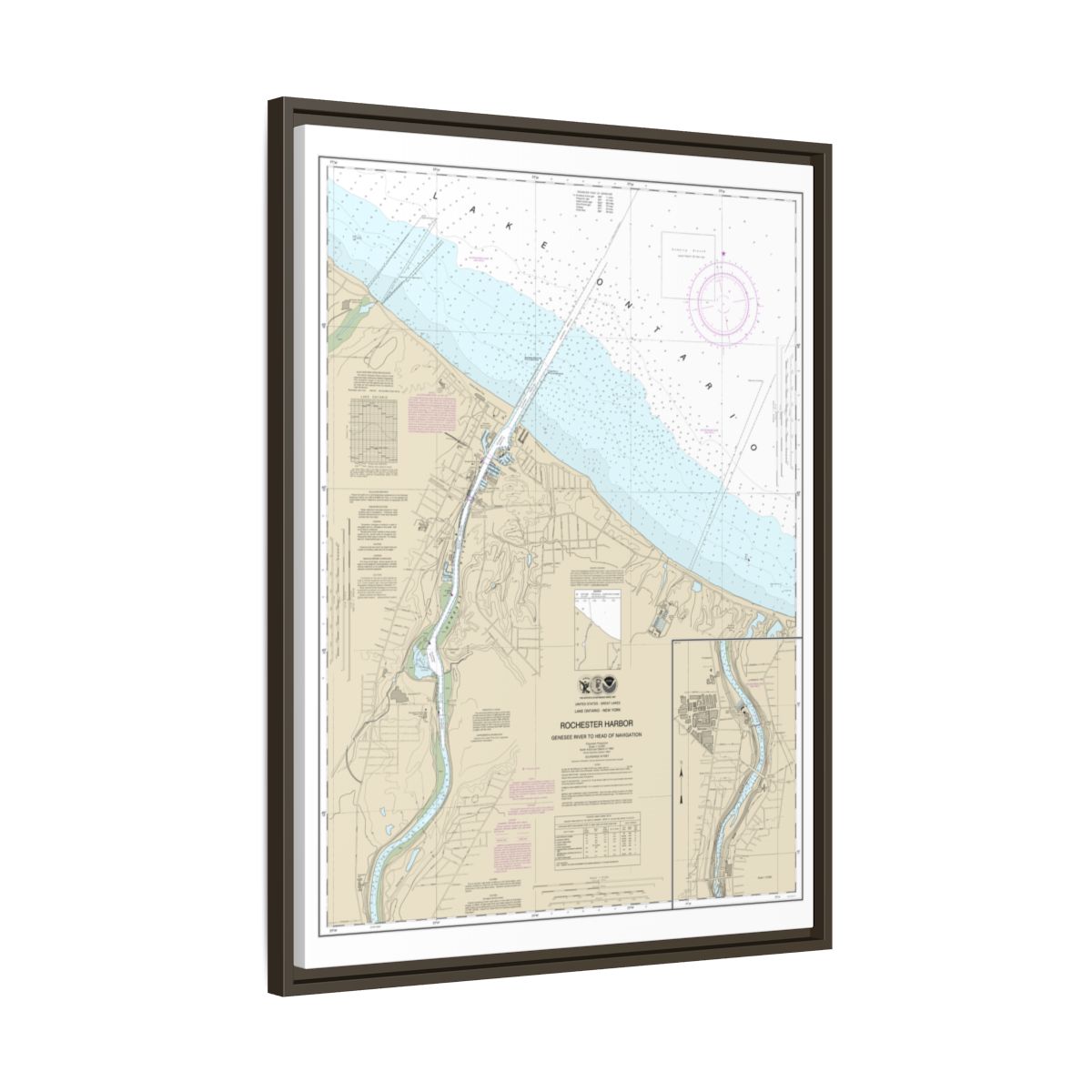 Chart 14815 Rochester Harbor, including Genessee River to head of navigation - NOAA Nautical Chart Floating Frame Canvas | 24" x 32" | 30" x 40" - Espresso side