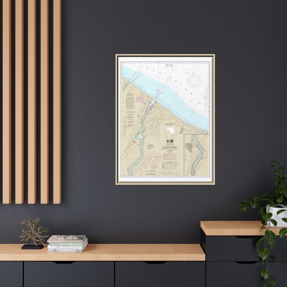 Chart 14815 Rochester Harbor, including Genessee River to head of navigation - NOAA Nautical Chart Floating Frame Canvas | 24" x 32" | 30" x 40" - Natural context-2