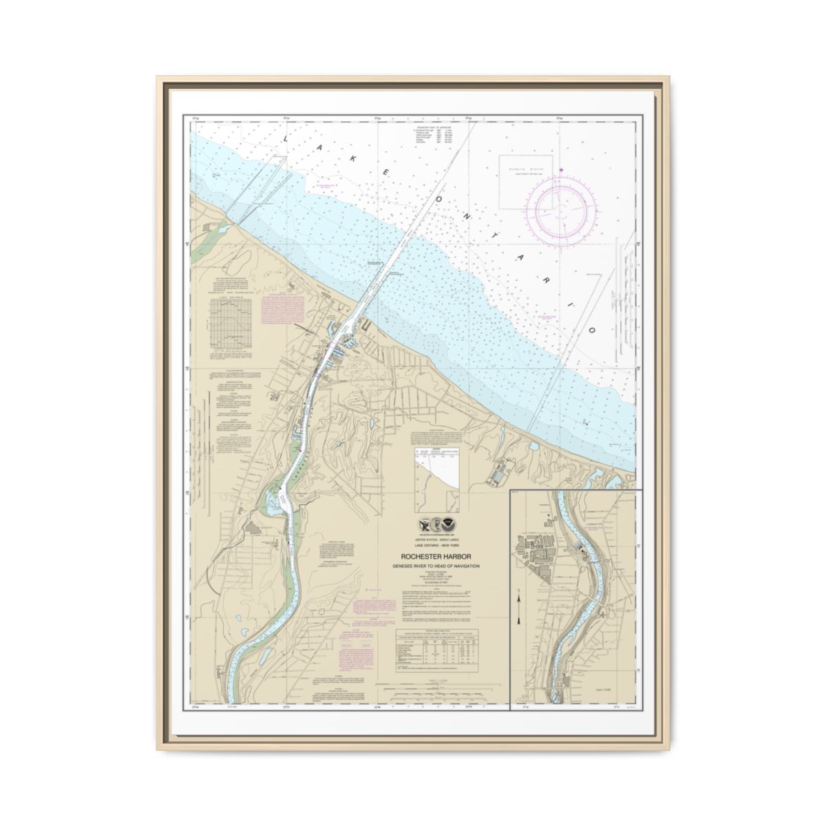 Chart 14815 Rochester Harbor, including Genessee River to head of navigation - NOAA Nautical Chart Floating Frame Canvas | 24" x 32" | 30" x 40" - Natural front