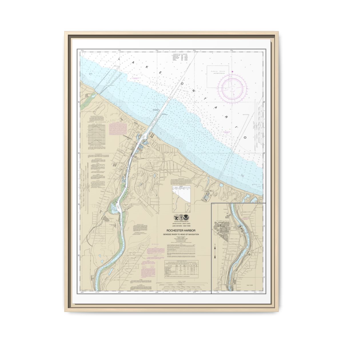 Chart 14815 Rochester Harbor, including Genessee River to head of navigation - NOAA Nautical Chart Floating Frame Canvas | 24" x 32" | 30" x 40" - Natural front