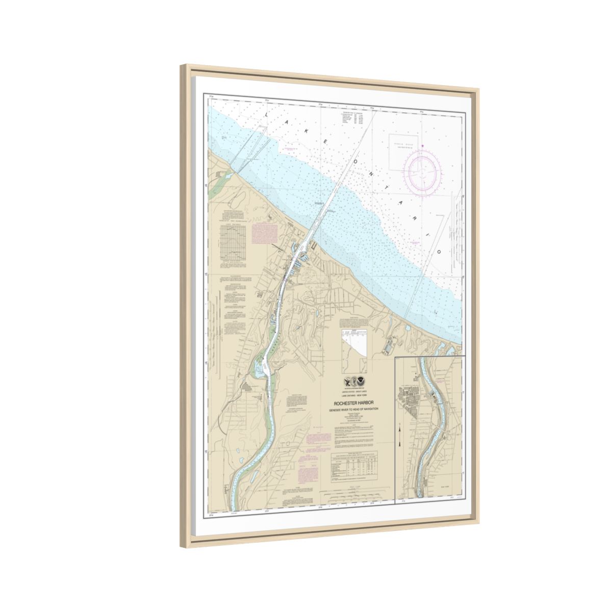Chart 14815 Rochester Harbor, including Genessee River to head of navigation - NOAA Nautical Chart Floating Frame Canvas | 24" x 32" | 30" x 40" - Natural side