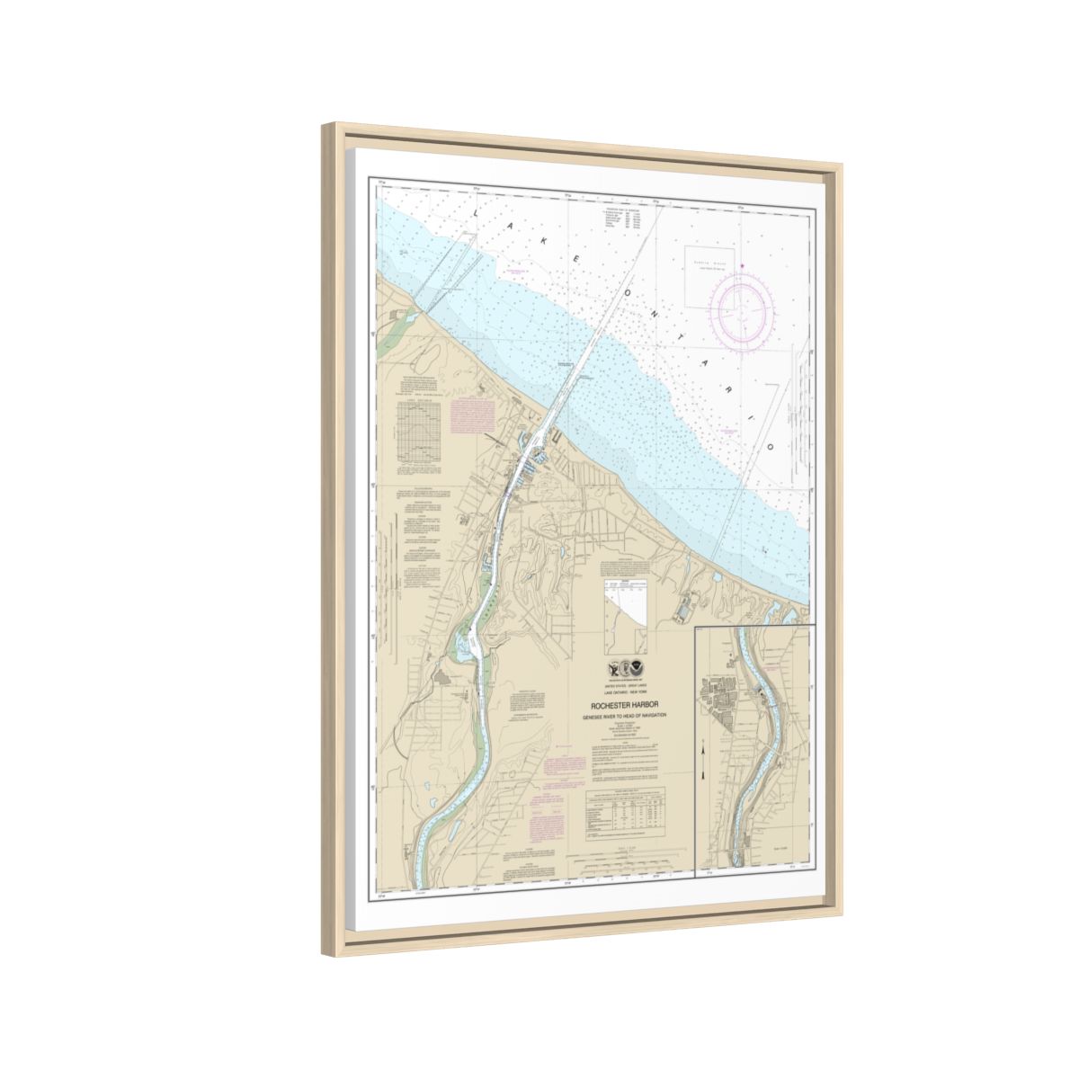 Chart 14815 Rochester Harbor, including Genessee River to head of navigation - NOAA Nautical Chart Floating Frame Canvas | 24" x 32" | 30" x 40" - Natural side