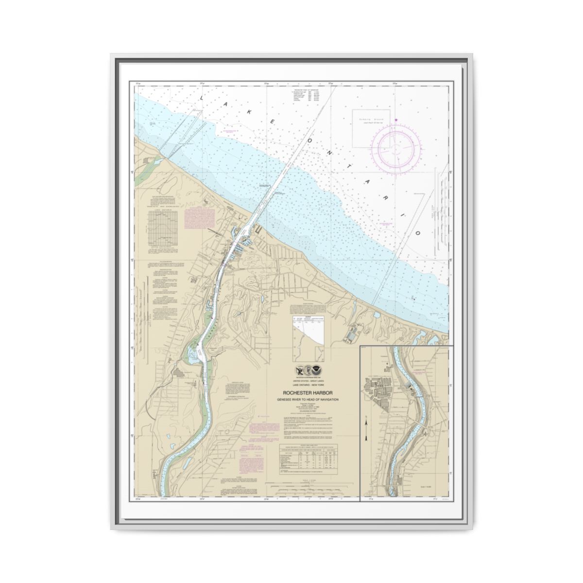 Chart 14815 Rochester Harbor, including Genessee River to head of navigation - NOAA Nautical Chart Floating Frame Canvas | 24" x 32" | 30" x 40" - White front