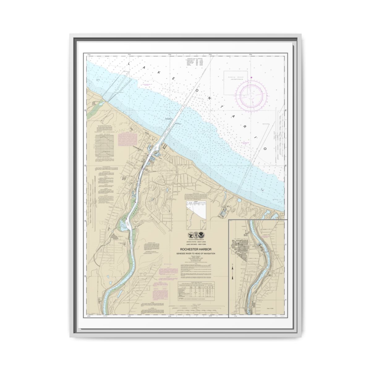 Chart 14815 Rochester Harbor, including Genessee River to head of navigation - NOAA Nautical Chart Floating Frame Canvas | 24" x 32" | 30" x 40" - White front