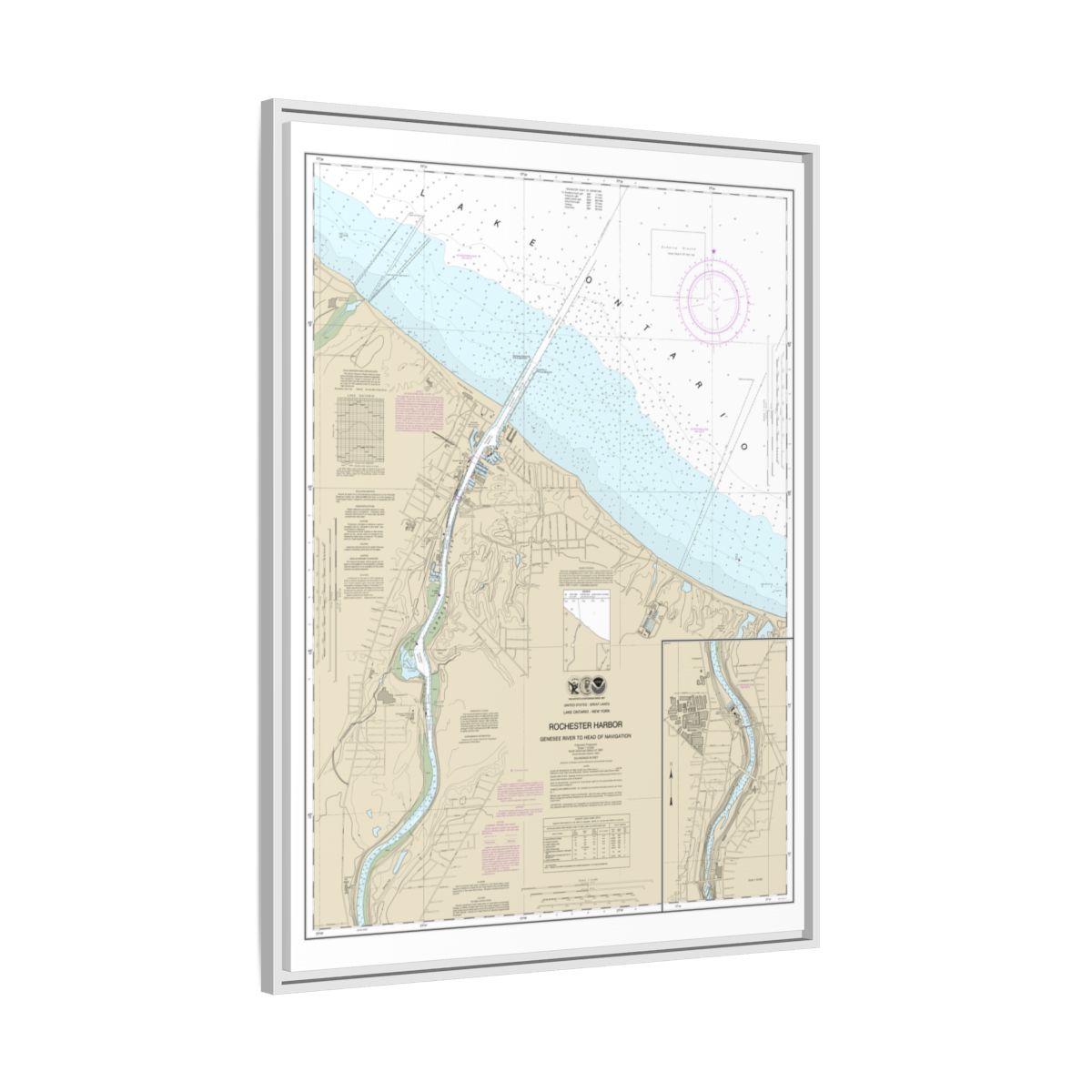 Chart 14815 Rochester Harbor, including Genessee River to head of navigation - NOAA Nautical Chart Floating Frame Canvas | 24" x 32" | 30" x 40" - White side
