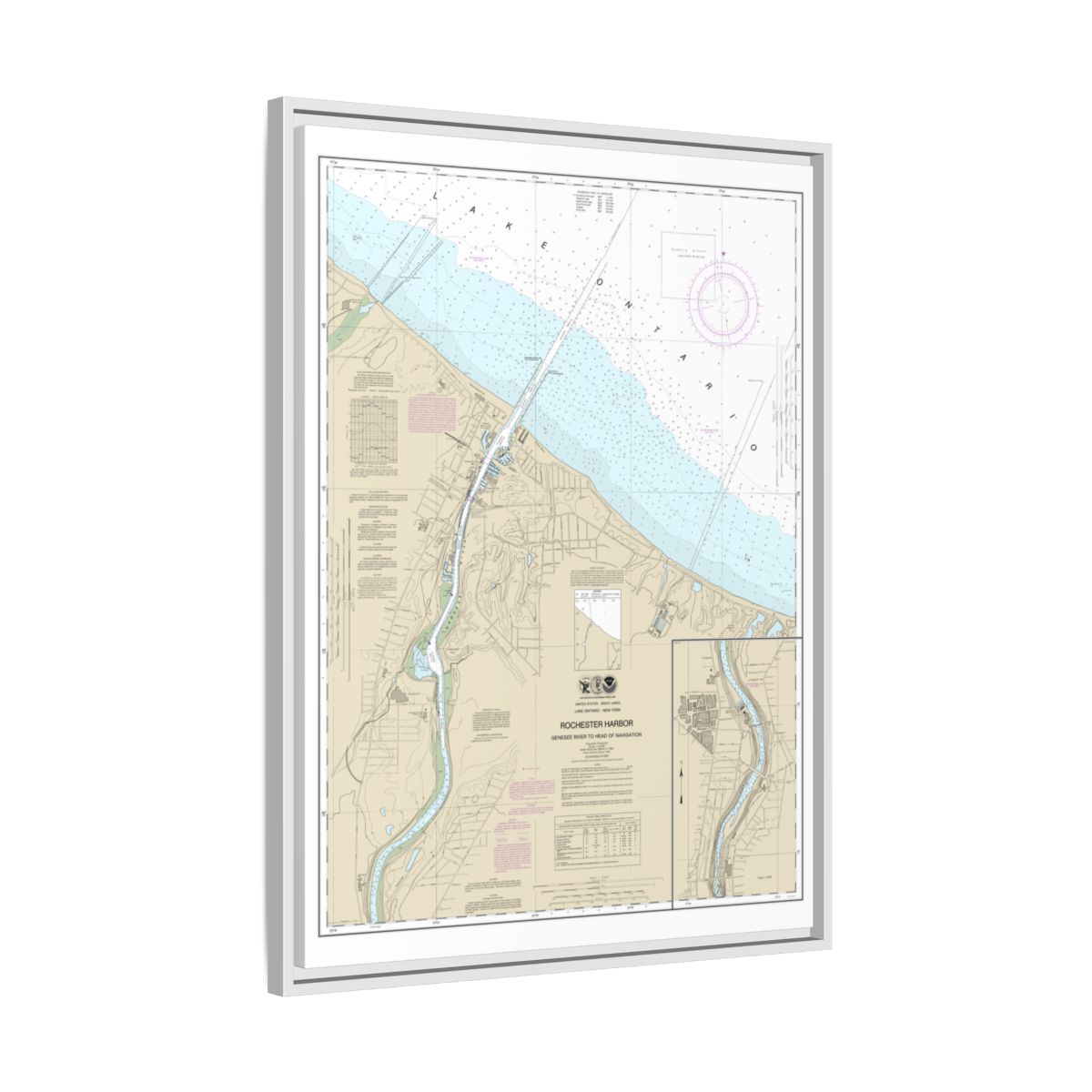 Chart 14815 Rochester Harbor, including Genessee River to head of navigation - NOAA Nautical Chart Floating Frame Canvas | 24" x 32" | 30" x 40" - White side