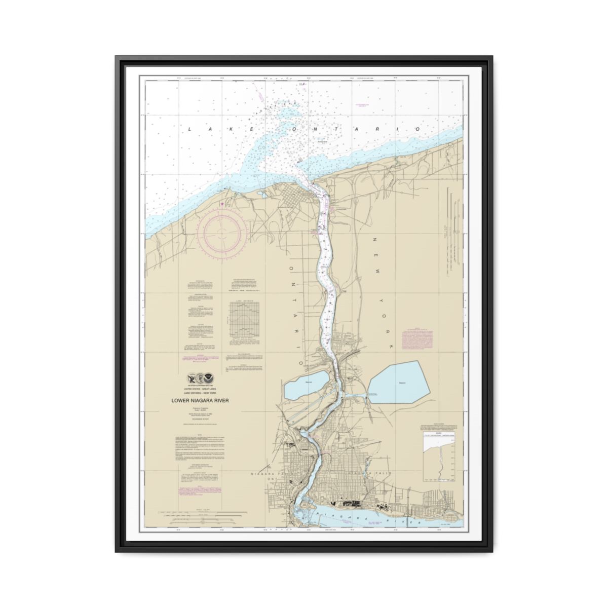 Chart 14816 Lower Niagara River - NOAA Nautical Chart Floating Frame Canvas | 24" x 32" | 30" x 40" - Black front