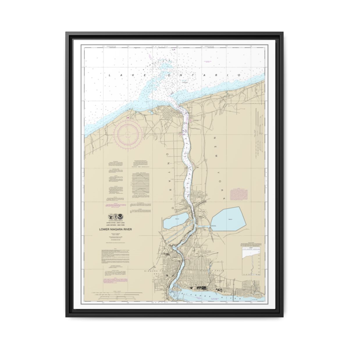 Chart 14816 Lower Niagara River - NOAA Nautical Chart Floating Frame Canvas | 24" x 32" | 30" x 40" - Black front
