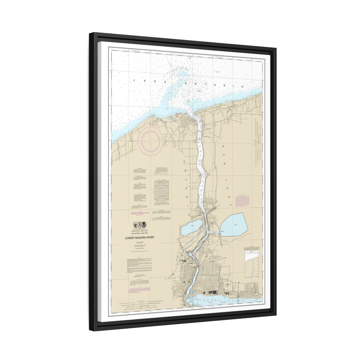 Chart 14816 Lower Niagara River - NOAA Nautical Chart Floating Frame Canvas | 24" x 32" | 30" x 40" - Black side