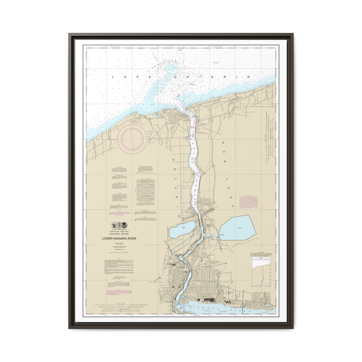 Chart 14816 Lower Niagara River - NOAA Nautical Chart Floating Frame Canvas | 24" x 32" | 30" x 40" - Espresso front