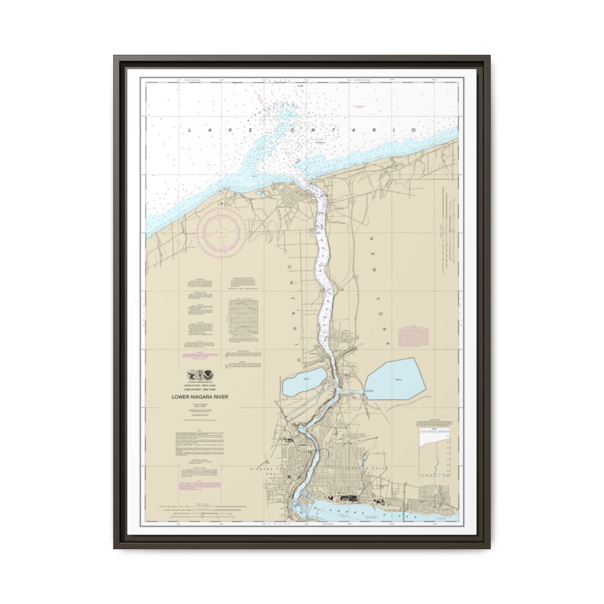 Chart 14816 Lower Niagara River - NOAA Nautical Chart Floating Frame Canvas | 24" x 32" | 30" x 40" - Espresso front