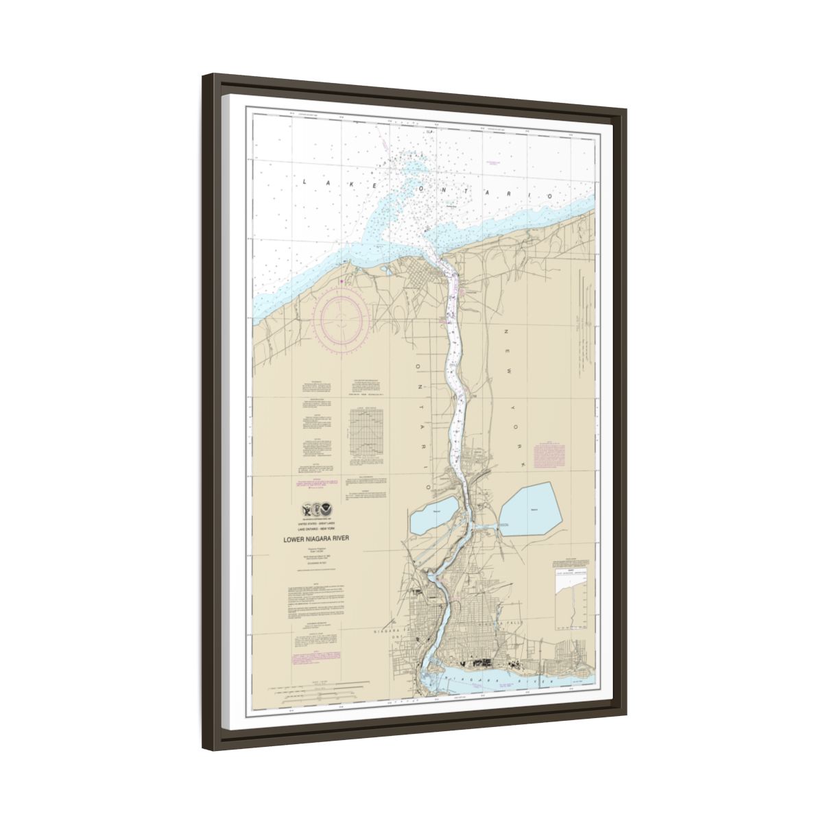 Chart 14816 Lower Niagara River - NOAA Nautical Chart Floating Frame Canvas | 24" x 32" | 30" x 40" - Espresso side