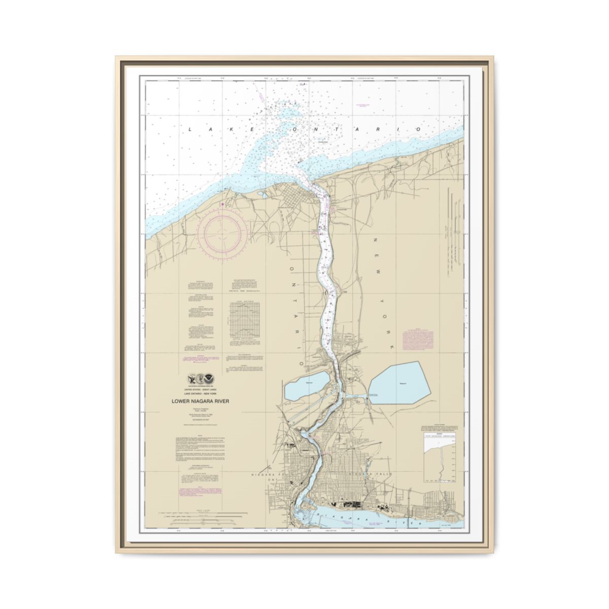 Chart 14816 Lower Niagara River - NOAA Nautical Chart Floating Frame Canvas | 24" x 32" | 30" x 40" - Natural front