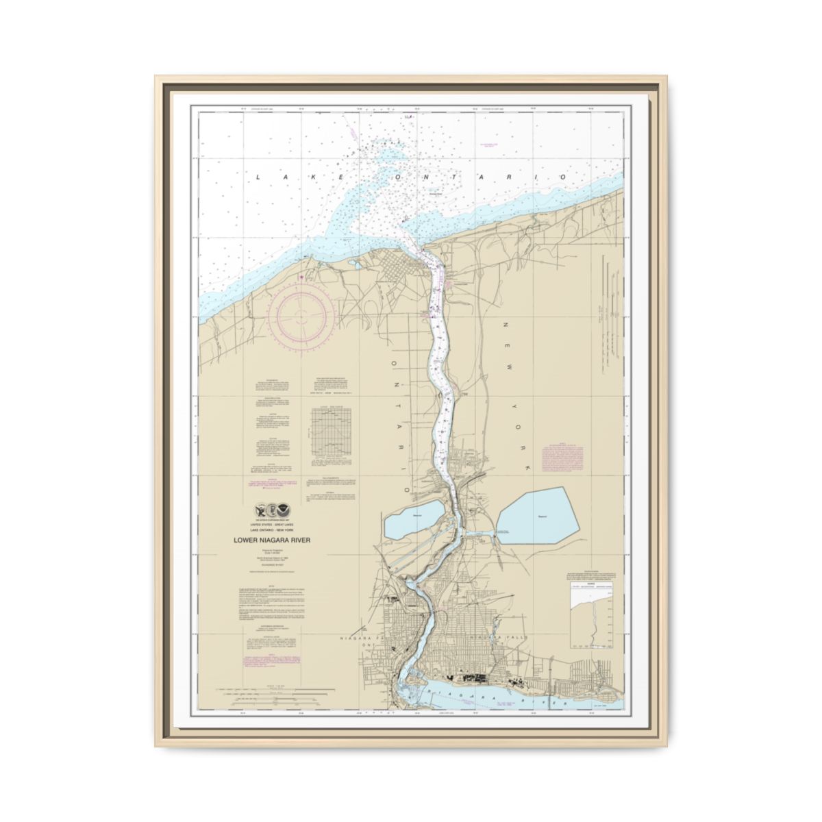 Chart 14816 Lower Niagara River - NOAA Nautical Chart Floating Frame Canvas | 24" x 32" | 30" x 40" - Natural front