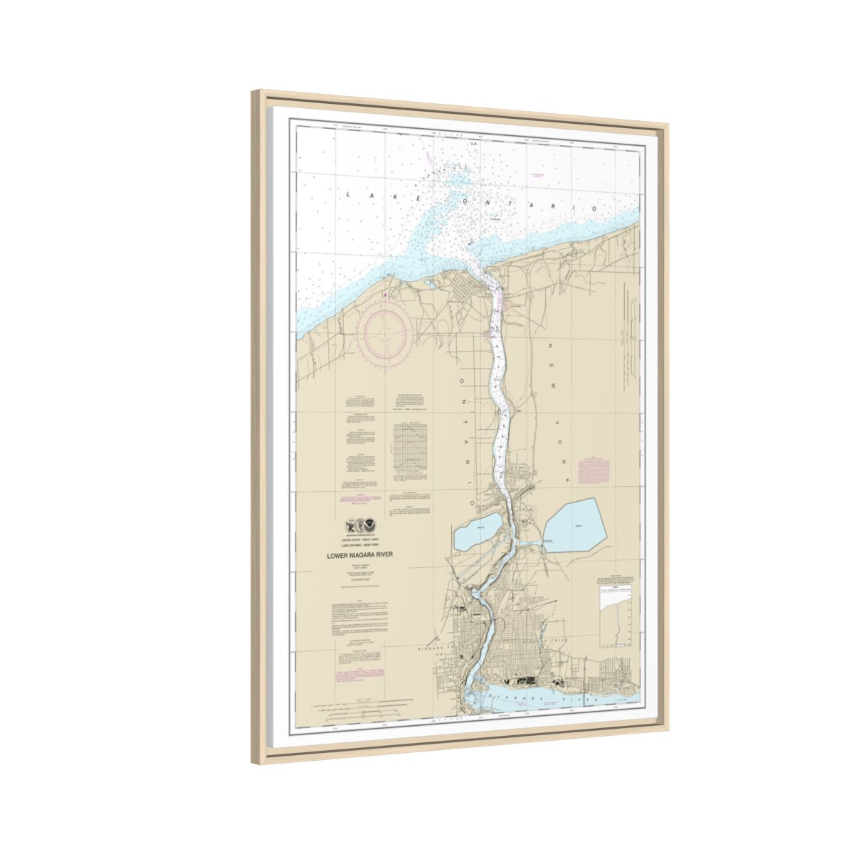 Chart 14816 Lower Niagara River - NOAA Nautical Chart Floating Frame Canvas | 24" x 32" | 30" x 40" - Natural side