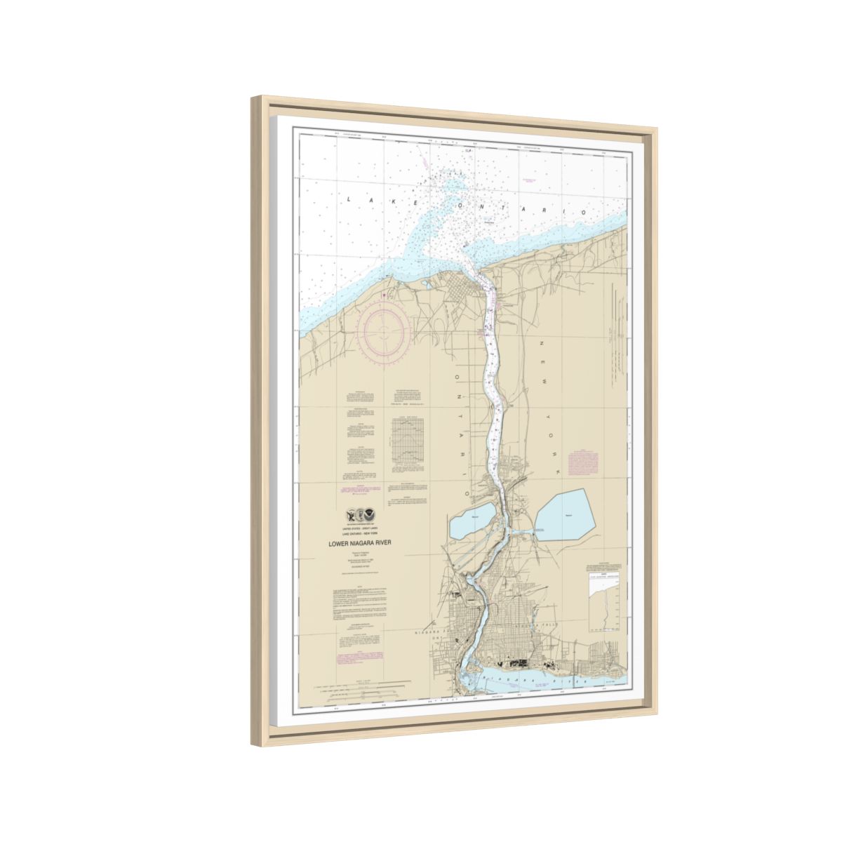 Chart 14816 Lower Niagara River - NOAA Nautical Chart Floating Frame Canvas | 24" x 32" | 30" x 40" - Natural side
