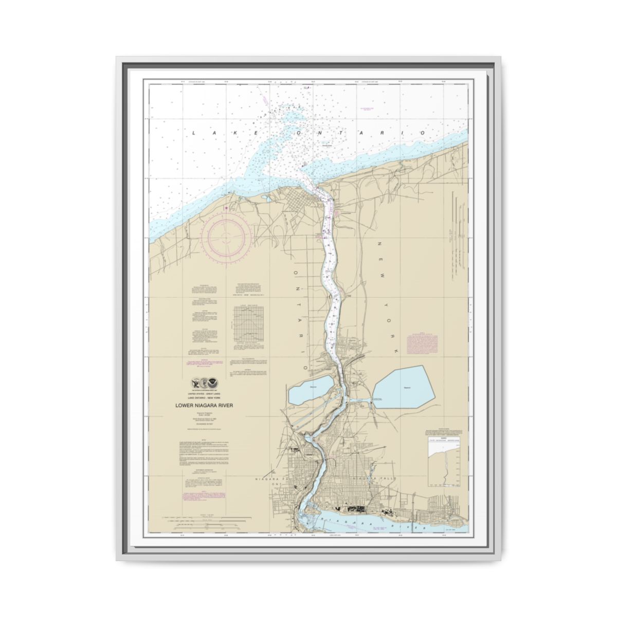 Chart 14816 Lower Niagara River - NOAA Nautical Chart Floating Frame Canvas | 24" x 32" | 30" x 40" - White front