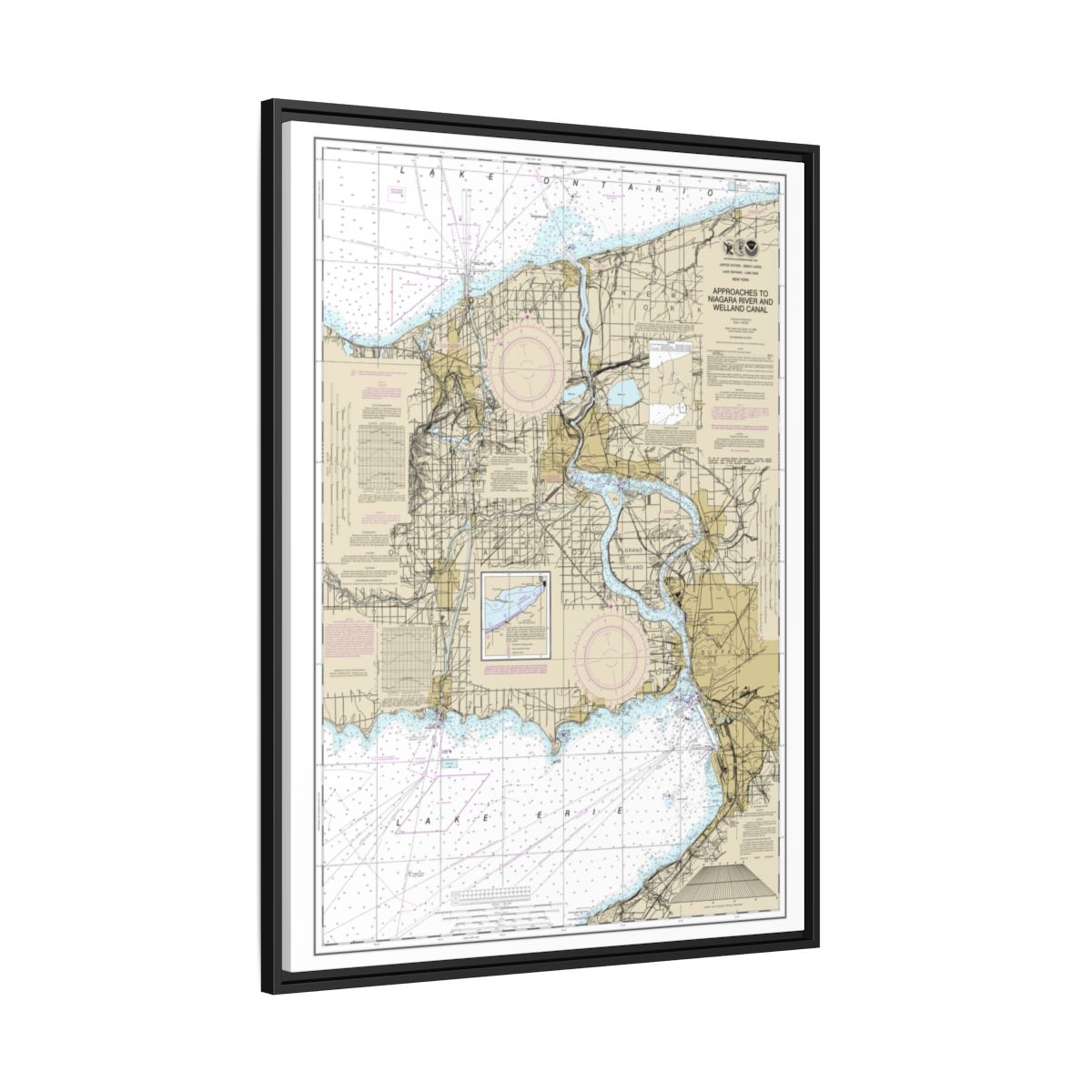 Chart 14822 Approaches to Niagara River and Welland Canal - NOAA Nautical Chart Floating Frame Canvas | 24" x 32" | 30" x 40" - Black side