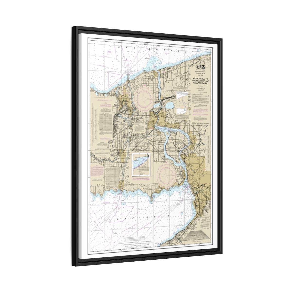 Chart 14822 Approaches to Niagara River and Welland Canal - NOAA Nautical Chart Floating Frame Canvas | 24" x 32" | 30" x 40" - Black side