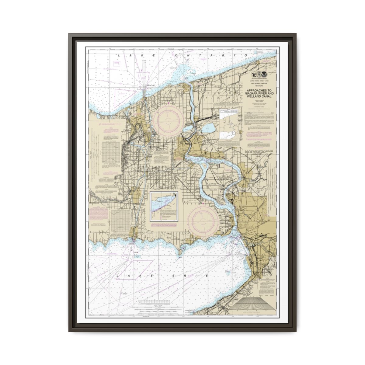 Chart 14822 Approaches to Niagara River and Welland Canal - NOAA Nautical Chart Floating Frame Canvas | 24" x 32" | 30" x 40" - Espresso front