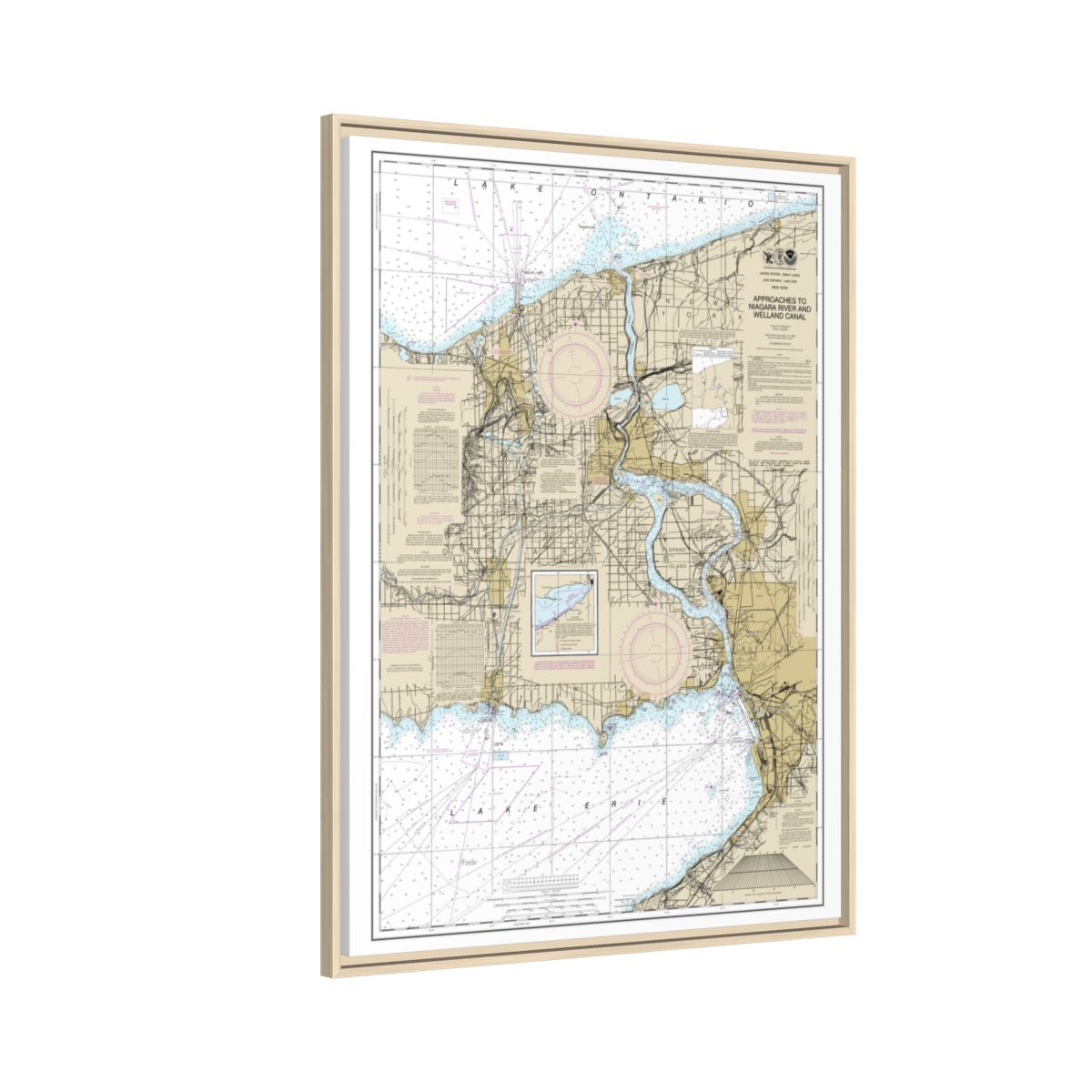 Chart 14822 Approaches to Niagara River and Welland Canal - NOAA Nautical Chart Floating Frame Canvas | 24" x 32" | 30" x 40" - Natural side