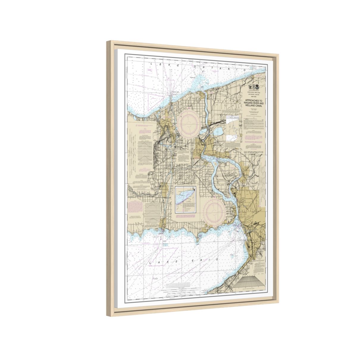 Chart 14822 Approaches to Niagara River and Welland Canal - NOAA Nautical Chart Floating Frame Canvas | 24" x 32" | 30" x 40" - Natural side