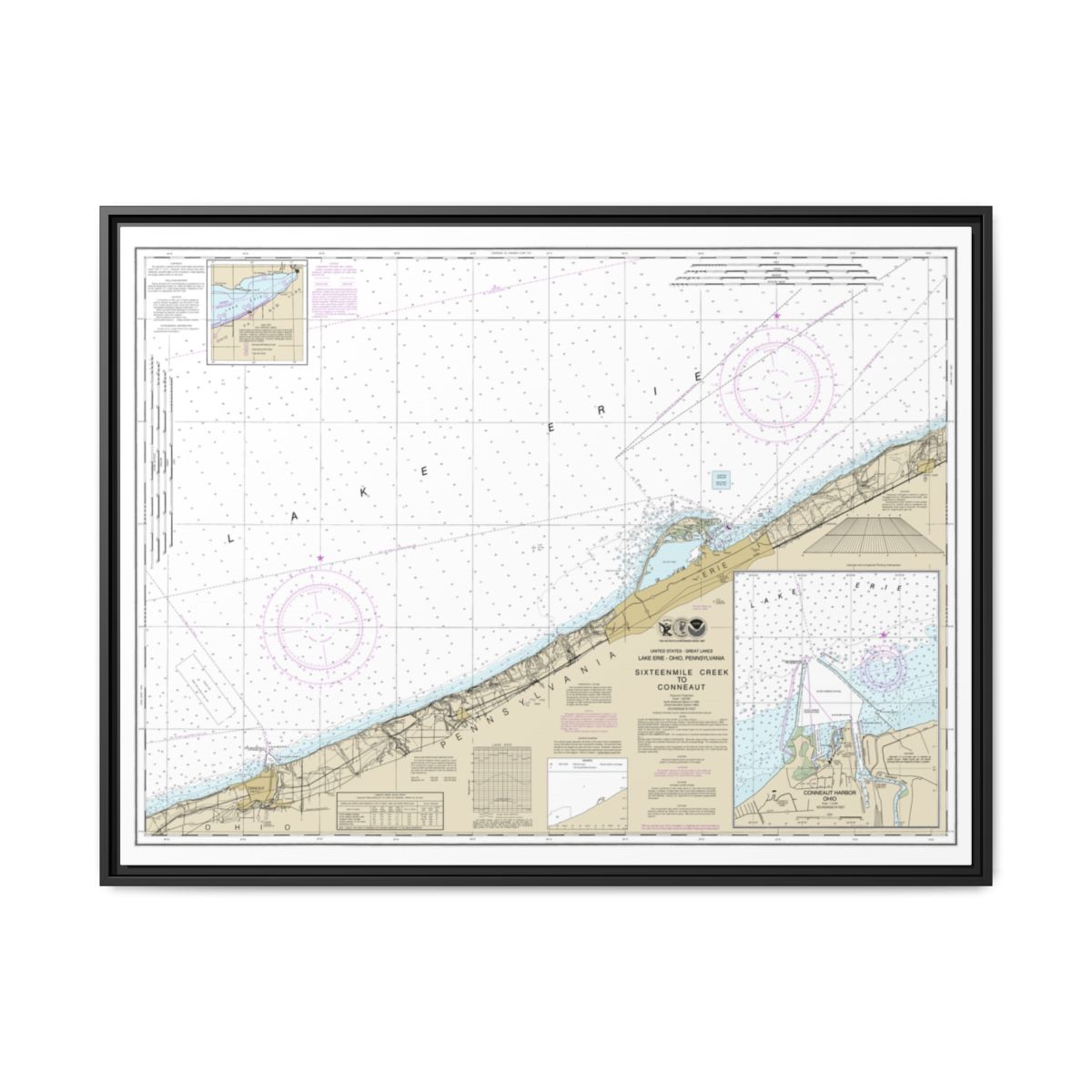Chart 14824 Sixteenmile Creek to Conneaut;Conneaut Harbor - NOAA Nautical Chart Floating Frame Canvas | 32" x 24" | 40" x 30" - Black front