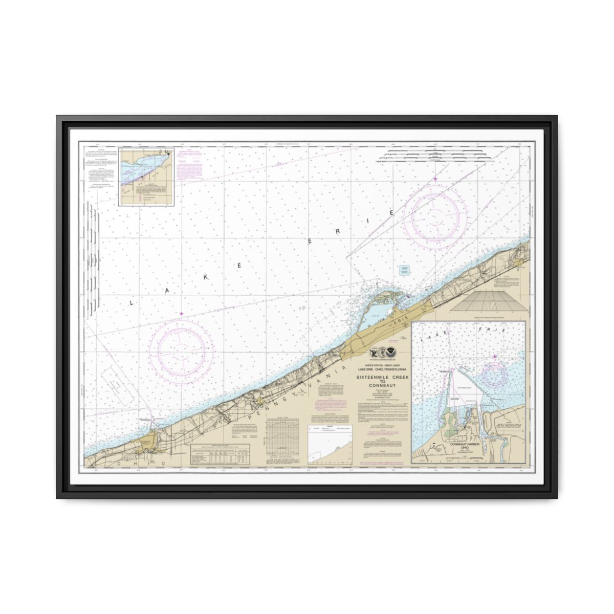 Chart 14824 Sixteenmile Creek to Conneaut;Conneaut Harbor - NOAA Nautical Chart Floating Frame Canvas | 32" x 24" | 40" x 30" - Black front