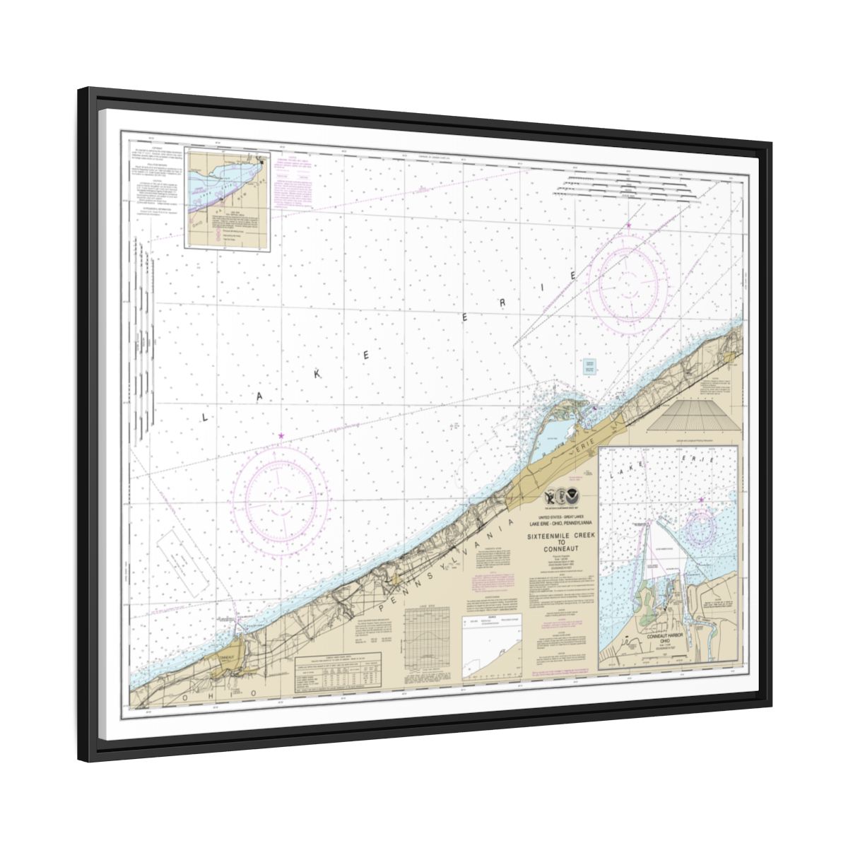 Chart 14824 Sixteenmile Creek to Conneaut;Conneaut Harbor - NOAA Nautical Chart Floating Frame Canvas | 32" x 24" | 40" x 30" - Black side