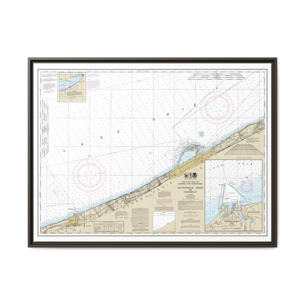 Chart 14824 Sixteenmile Creek to Conneaut;Conneaut Harbor - NOAA Nautical Chart Floating Frame Canvas | 32" x 24" | 40" x 30" - Espresso front
