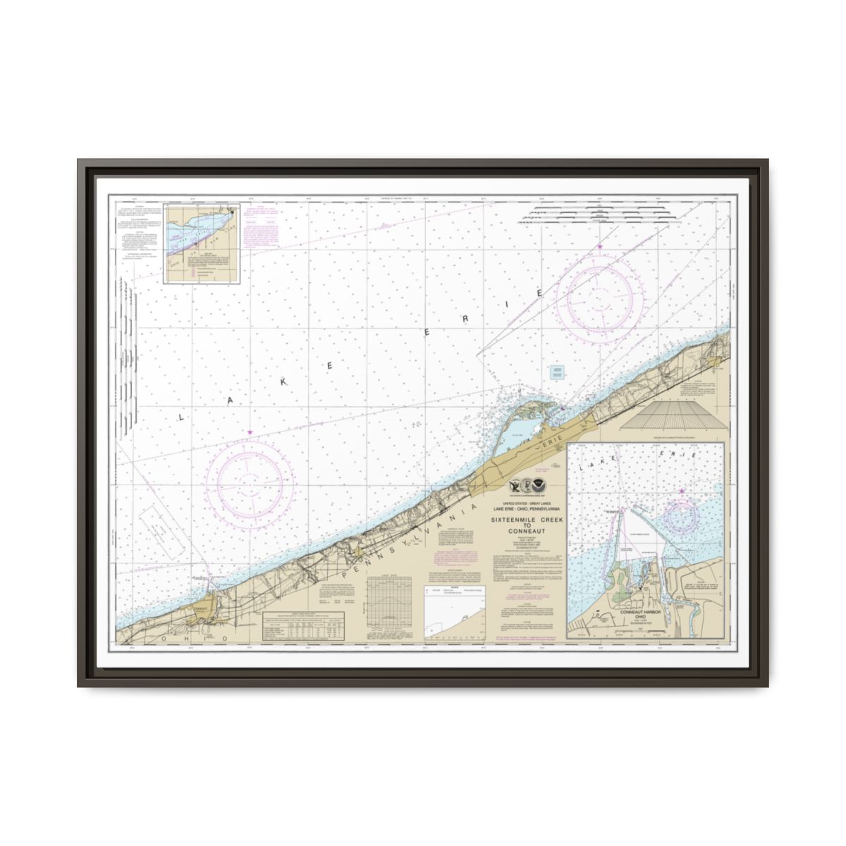 Chart 14824 Sixteenmile Creek to Conneaut;Conneaut Harbor - NOAA Nautical Chart Floating Frame Canvas | 32" x 24" | 40" x 30" - Espresso front