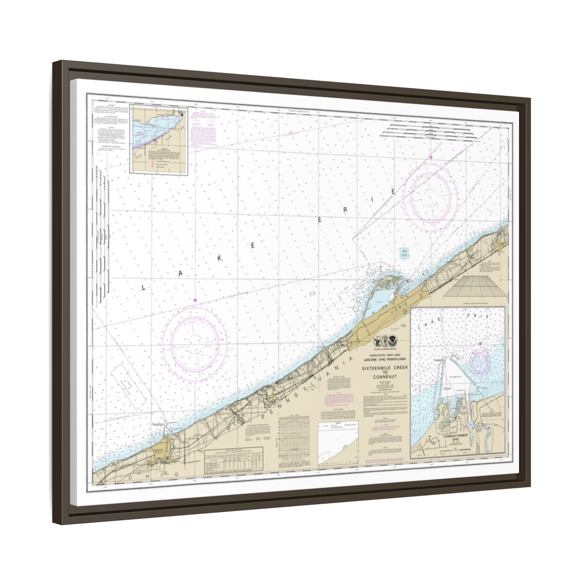 Chart 14824 Sixteenmile Creek to Conneaut;Conneaut Harbor - NOAA Nautical Chart Floating Frame Canvas | 32" x 24" | 40" x 30" - Espresso side