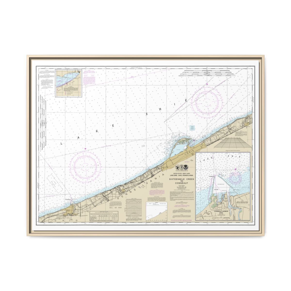 Chart 14824 Sixteenmile Creek to Conneaut;Conneaut Harbor - NOAA Nautical Chart Floating Frame Canvas | 32" x 24" | 40" x 30" - Natural front