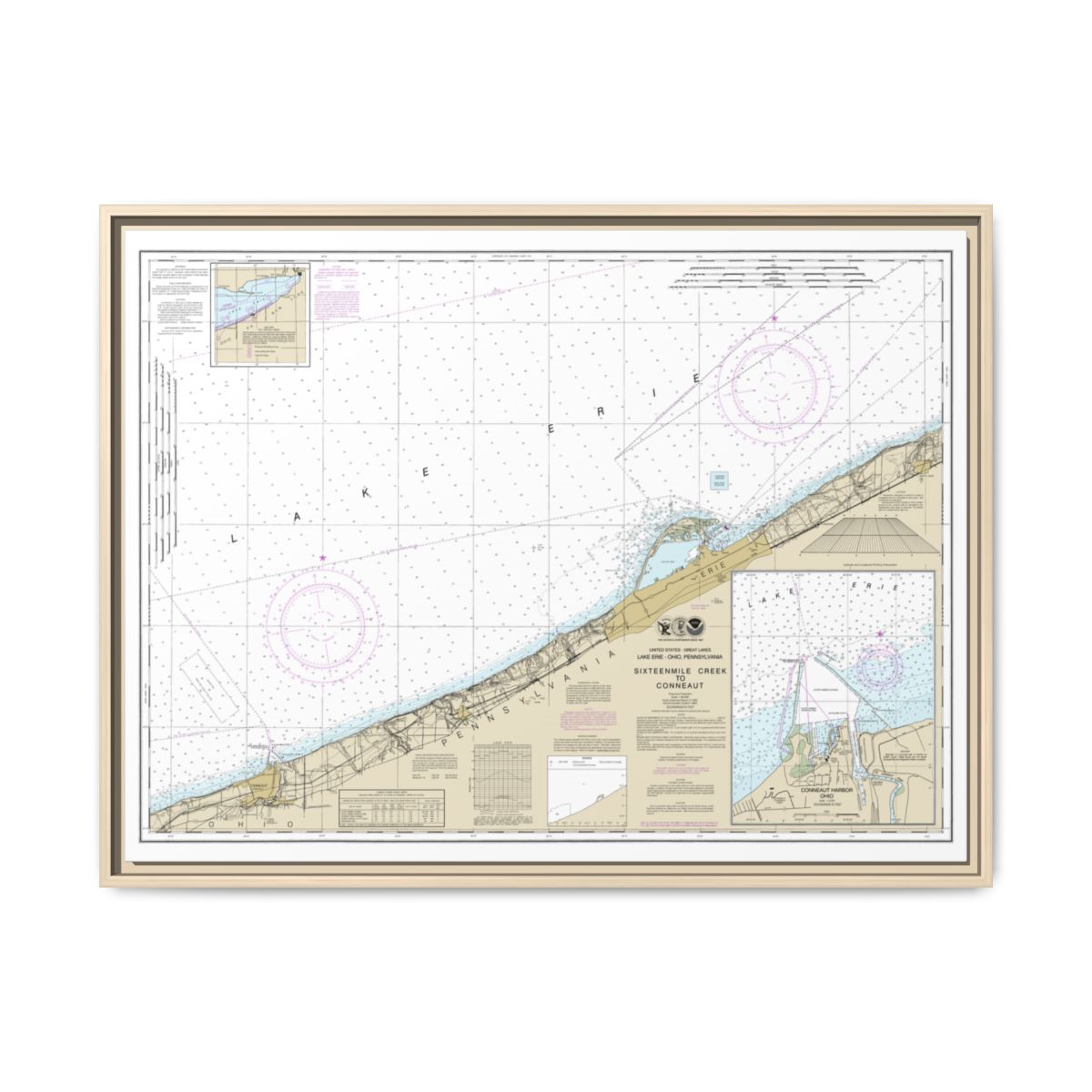 Chart 14824 Sixteenmile Creek to Conneaut;Conneaut Harbor - NOAA Nautical Chart Floating Frame Canvas | 32" x 24" | 40" x 30" - Natural front